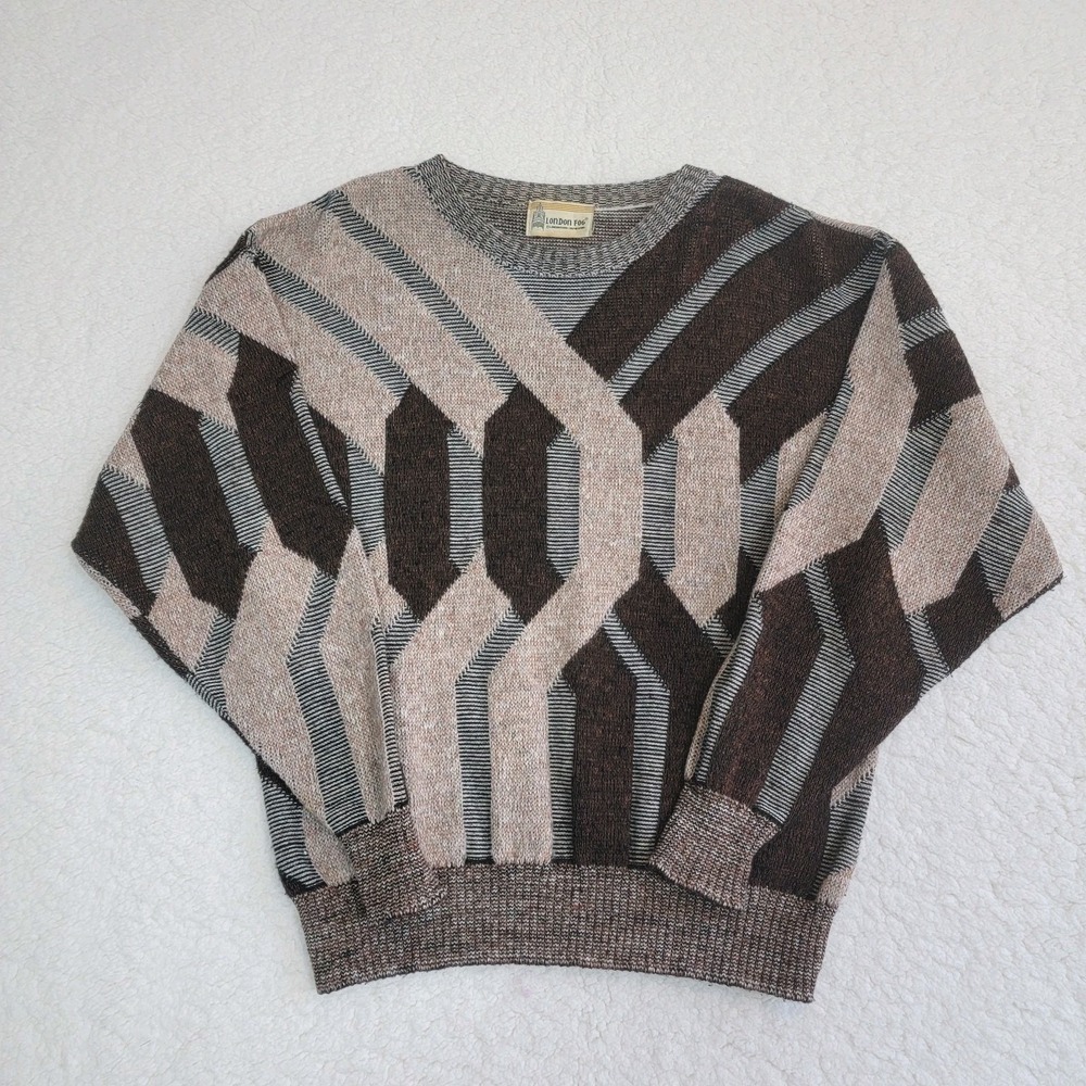 London Fog Sweater Mens L Brown Geometric Abstract Knit Crewneck Vintage 90s
